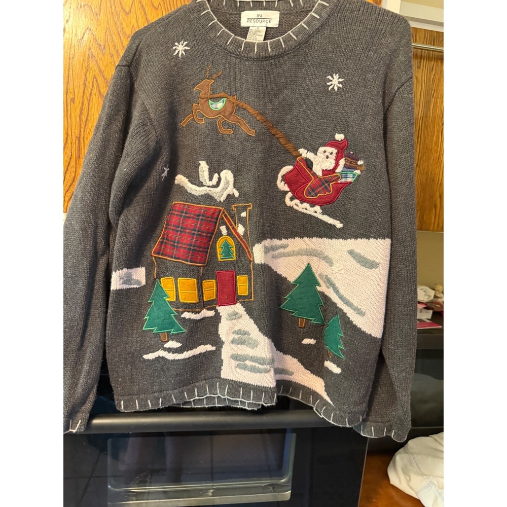 In Resource Vintage Christmas Sweater Gray Santa Sleigh Cabin Embroidered Medium